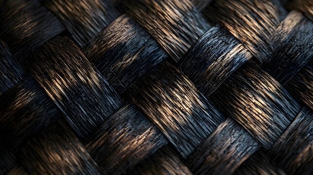 Close-up of a dark woven rattan surface with diagonal highlights that accentuate the weave direction and texture. - Powered by Adobe