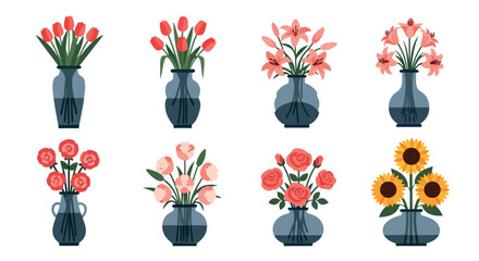 Flowers in vases collection with transparent background