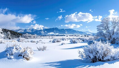 Snowy field with distant mountains