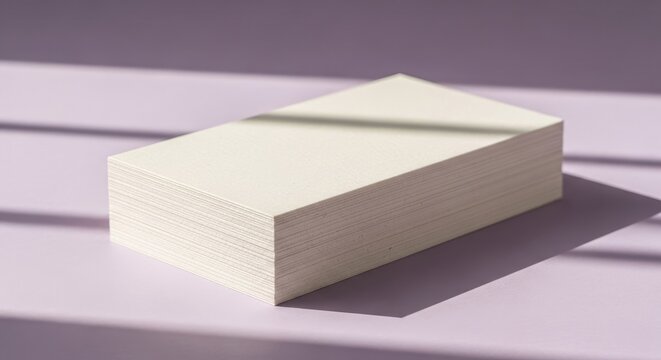 Stack of White Blank Business Cards on a Purple Table with Sunlight and Shadow