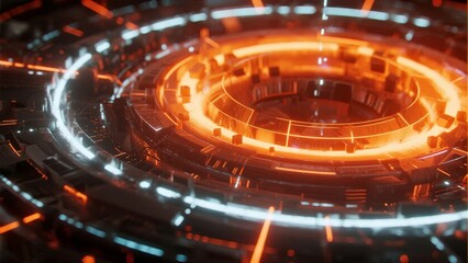 Futuristic circular interface with glowing orange and white lights, featuring concentric rings and high-tech design elements