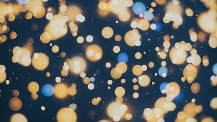 Abstract bokeh lights background with shimmering golden and blue circles creating a magical and festive atmosphere