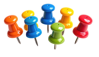 Colorful collection of push pins, arrayed randomly against stark black background, with needles pointing down