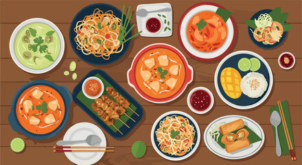 Thai food assortment on wooden table