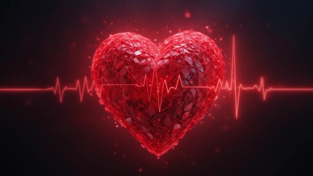 Red Heart Animation with ECG Lines Pulsating in the Dark. 4k video