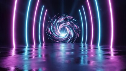 Neon archway tunnel with glowing blue and pink vertical light tubes reflecting on a wet, dark floor surface 4k video - Powered by Adobe