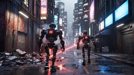 Futuristic robots patrol the deserted urban alley scanning for life. - Powered by Adobe
