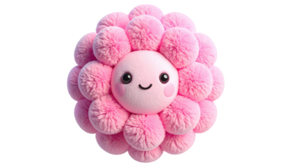 A fluffy, pink, smiling character with blush cheeks, surrounded by a ring of pink pom-poms on a black background