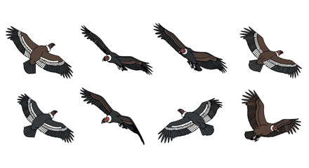 Flying vultures in various poses with transparent background
