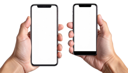 Two hands holding up two smartphones with blank white screens against a black background