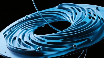 Blue spiral mechanical component with concentric rings and holes against a dark background