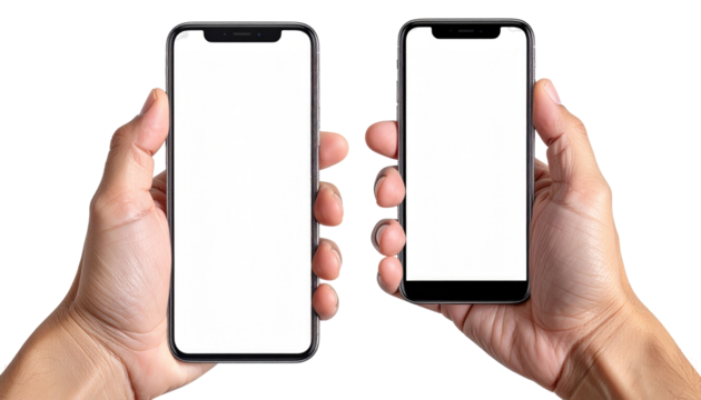 Two hands holding up two smartphones with blank white screens against a black background - Powered by Adobe