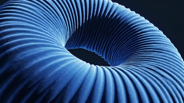Close up of a blue, ribbed, torus shape with soft texture, resembling a pleated fabric or bellows 4k video