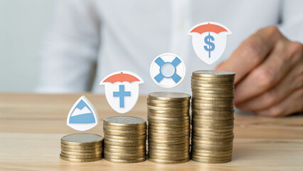 Social Security Contribution Concept. Maximize financial security with safety icons above stacked coins, representing protection and growth