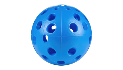 Blue perforated plastic sphere object, evenly spaced holes, centered against a stark, black background