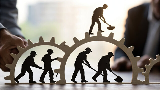 Social Security Contribution Concept. Efficient worker silhouettes linked by gears symbolize teamwork and productivity in professional setting