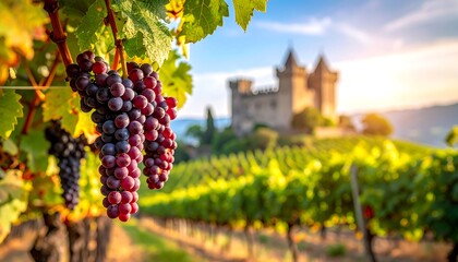 Vineyard with grapes and a castle in the background