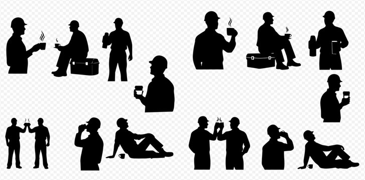 Collection of black silhouettes depicting workers taking a refreshment break, drinking from cups and thermoses in various poses.
