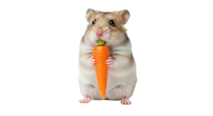 Cute hamster holding and eating a little carrot isolated PNG with Transparent Background