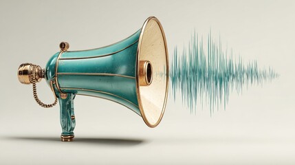 amplifier. Vintage megaphone with sound waves, symbolizing communication in a clean white setting. event programs, museum guides, designed for cultural heritage projects and event programs.