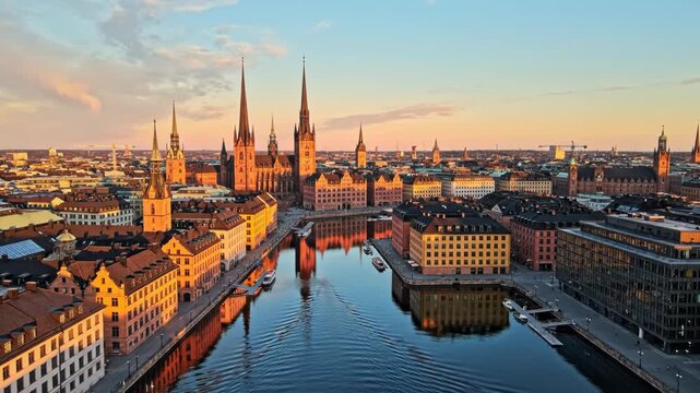 Aerial view of stockholm cityscape with historic building spires reflected in the calm water canal during sunset