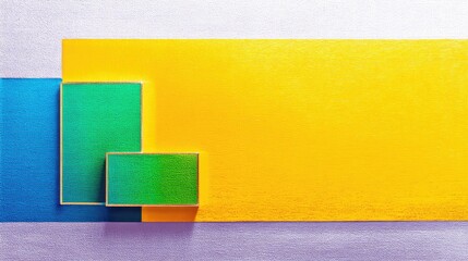 An abstract composition featuring rectangles and squares in vibrant colors like yellow, green, and blue, set against a textured background.