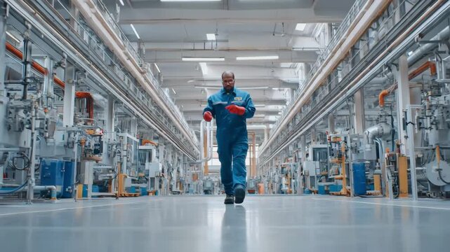 Safety inspector reviews full PPE ensemble including headgear gloves and boots on a factory floor focusing on comprehensive personal protection standards.