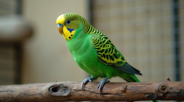 A bright green budgie bird with yellow markings sits on a wooden perch