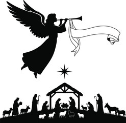Angel Blowing Trumpet Above Nativity Scene &ndash; Black and White Christmas Silhouette Vector Art