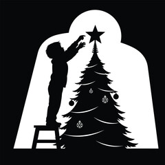 Child Decorating Christmas Tree with Star Topper &ndash; Black and White Christmas Silhouette Vector Art