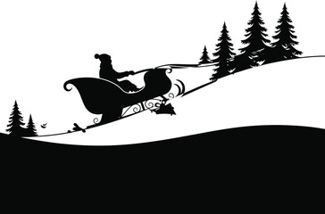 Christmas Sleigh Gliding Across Snowy Hill &ndash; Black and White Winter Silhouette Vector Art