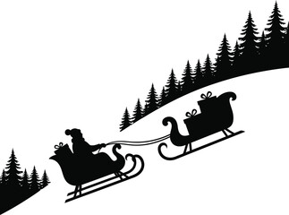 Christmas Sleigh Gliding Across Snowy Hill &ndash; Black and White Winter Silhouette Vector Art