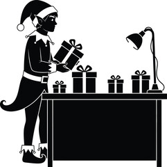 Elf Wrapping Gifts on Workshop Table &ndash; Black and White Christmas Silhouette Vector Art