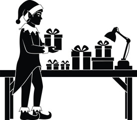 Elf Wrapping Gifts on Workshop Table &ndash; Black and White Christmas Silhouette Vector Art