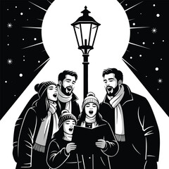 Family Singing Christmas Carols Under Street Lantern &ndash; Black and White Holiday Silhouette Vector Art