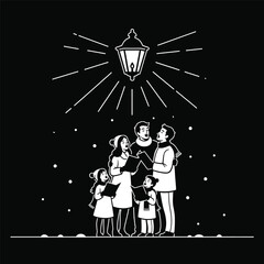 Family Singing Christmas Carols Under Street Lantern &ndash; Black and White Holiday Silhouette Vector Art