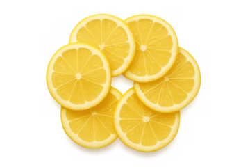 Fresh yellow lemon slices arranged in a circular shape presenting a vibrant citrus fruit pattern on transparent background