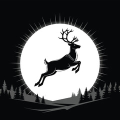 Reindeer Jumping Over Moonlit Winter Sky &ndash; Black and White Christmas Silhouette Vector Art