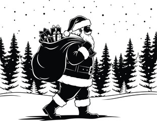 Santa Claus Walking Through Snowy Forest with Gift Sack &ndash; Black and White Christmas Silhouette Vector Art