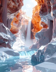 Canyon with flowing white waterfall