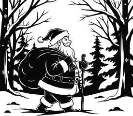 Santa Claus Walking Through Snowy Forest with Gift Sack &ndash; Black and White Christmas Silhouette Vector Art