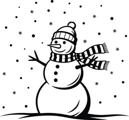Snowman Wearing Scarf and Hat Under Falling Snow – Black and White Christmas Silhouette Vector Art