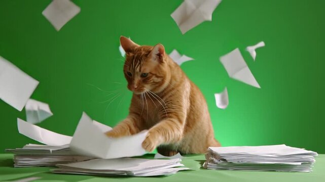 An orange tabby cat sits at a desk, surrounded by flying white papers, seemingly playing with or scattering the documents against a green backdrop.