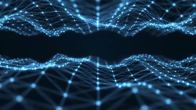 Abstract digital representation of a complex blue glowing network mesh structure with interconnected node point wave pattern