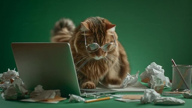 A studious fluffy cat wearing round glasses works on a laptop at a messy desk with crumpled papers.