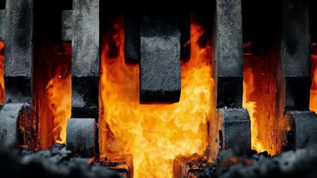 Medium shot of a metal piece being lowered into a hightemperature heat treatment chamber highlighting the robust design of heavyduty industrial ovens.