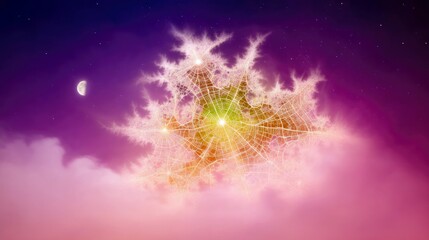 An abstract fractal structure floats in a dreamy night sky, with a crescent moon, stars, and colorful clouds. The image evokes a sense of wonder.