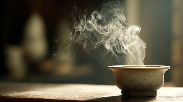 soliloquy. White smoke rising from a simple ceramic incense burner in soft indoor light. event programs, museum guides, designed for cultural heritage projects and event programs, supports education.