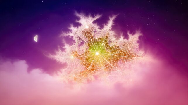 An abstract fractal structure floats in a dreamy night sky, with a crescent moon, stars, and colorful clouds. The image evokes a sense of wonder.