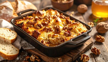 Bread pudding with nuts on wood board